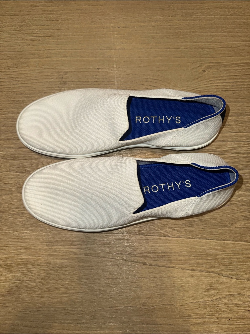 Rothy's White Knit Slip-On Loafers with Blue Insole